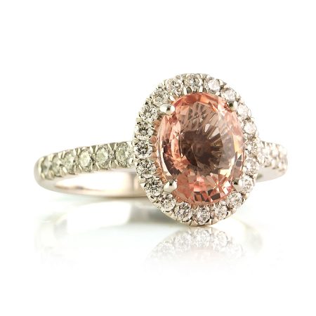 Peach Sapphire Halo Diamond Ring Bentley De Lisle