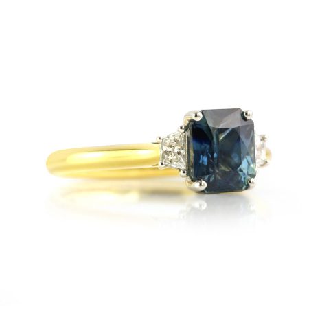 Teal Sapphire Trapezoid Diamond Ring